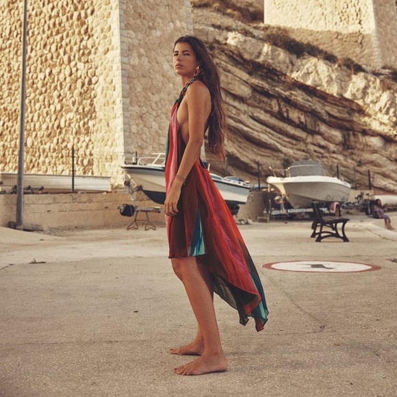 Zara BEADED HALTER multicolored print open back asymmetric hem DRESS sz.XS - Picture 9 of 17